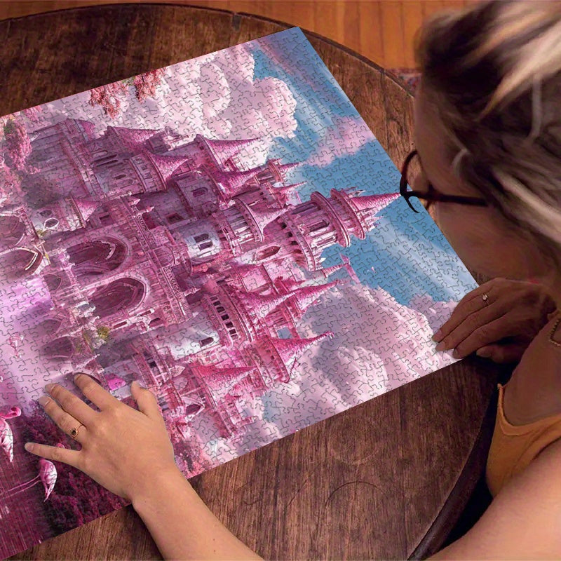 A 1000pcs Pink Castle Jigsaw Puzzle, Hell-Level High-Difficulty Puzzle, High-Quality Printing, Bright Colors, Enthusiasts, Perfect Gift for Christmas, Family Activities, Cultural Activities