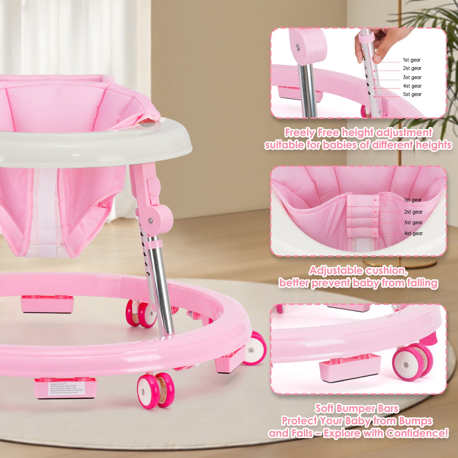 Baby Walker Foldable with 9 Adjustable Heights, Baby Walkers and Activity Center for Boys Girls Babies 6-12 Months, Baby Walker and Bouncer Combo with Wheels Portable Anti-Rollover, Mother's Choice