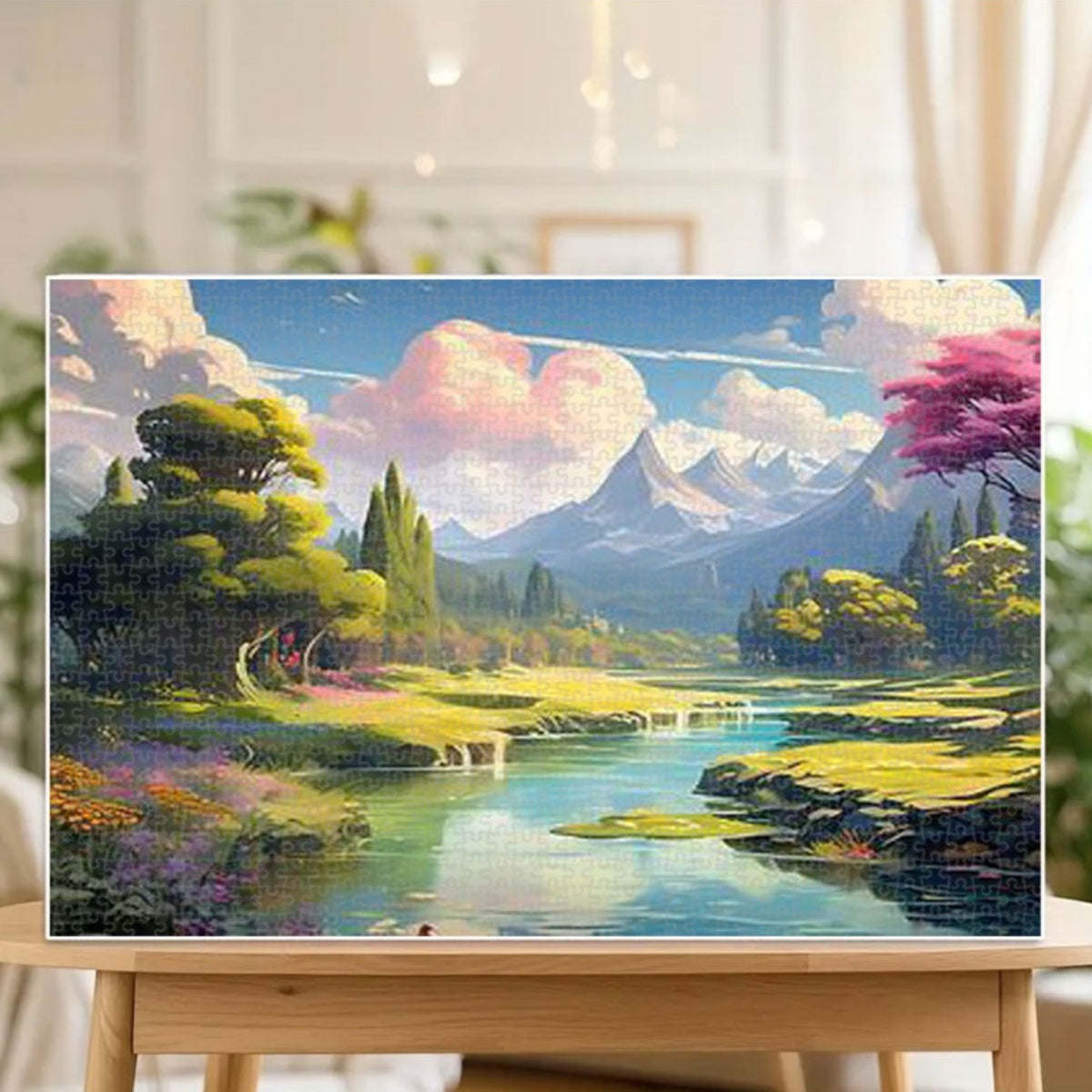 A Jigsaw Puzzle for with 1000pcs Featuring a Blue Sky, White Clouds, Snow-Covered Mountains, Rivers, Green And Pink Trees, Along with Flowers And Grass. Ideal for Educational Purposes, Leisure Activities, Lovers, And As Gifts for Halloween