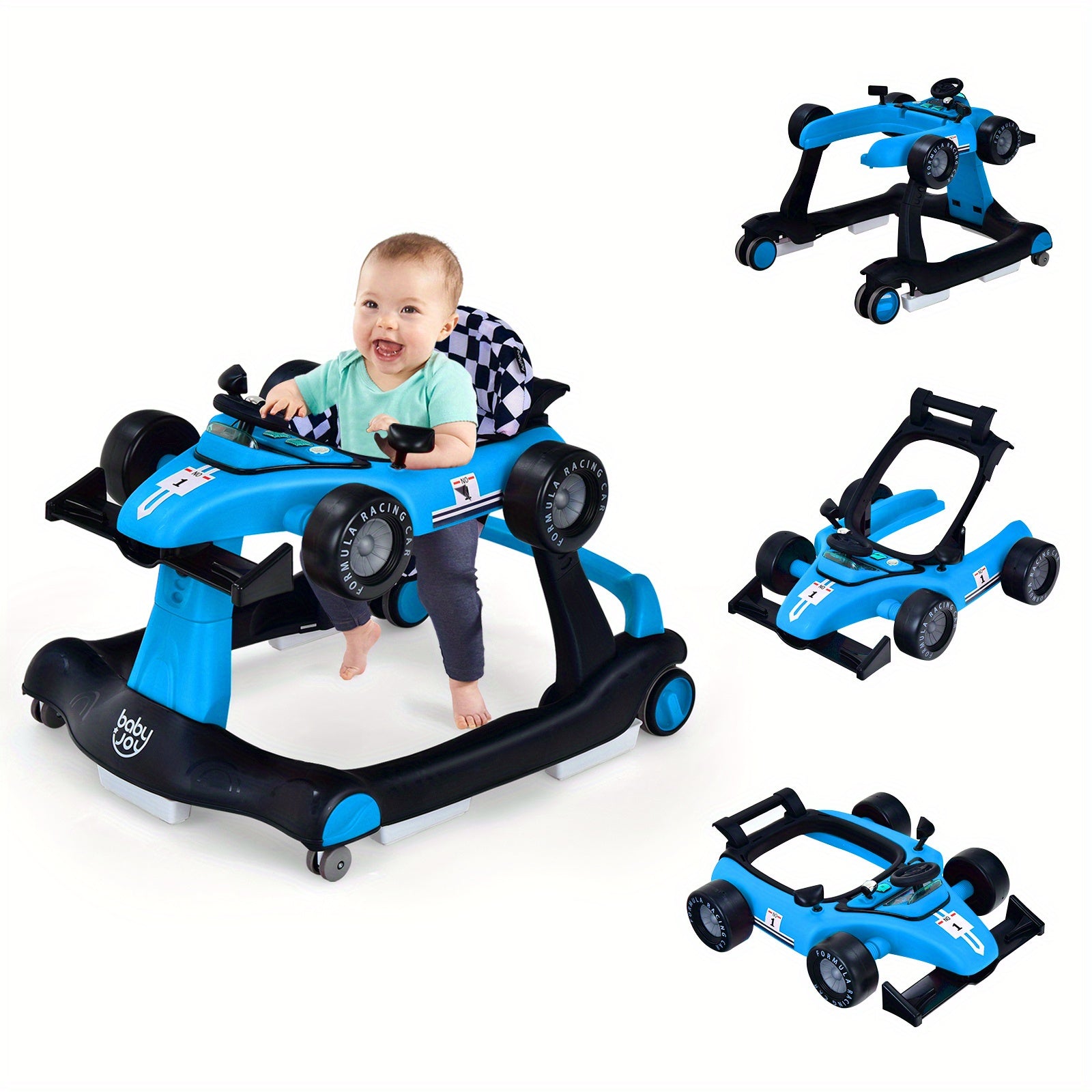 Costway 4-In-1 Baby Walker, a Foldable Activity Push Walker with Adjustable Height in Blue