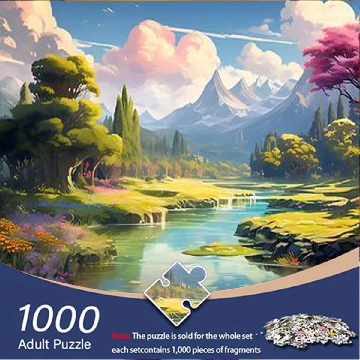 A Jigsaw Puzzle for with 1000pcs Featuring a Blue Sky, White Clouds, Snow-Covered Mountains, Rivers, Green And Pink Trees, Along with Flowers And Grass. Ideal for Educational Purposes, Leisure Activities, Lovers, And As Gifts for Halloween