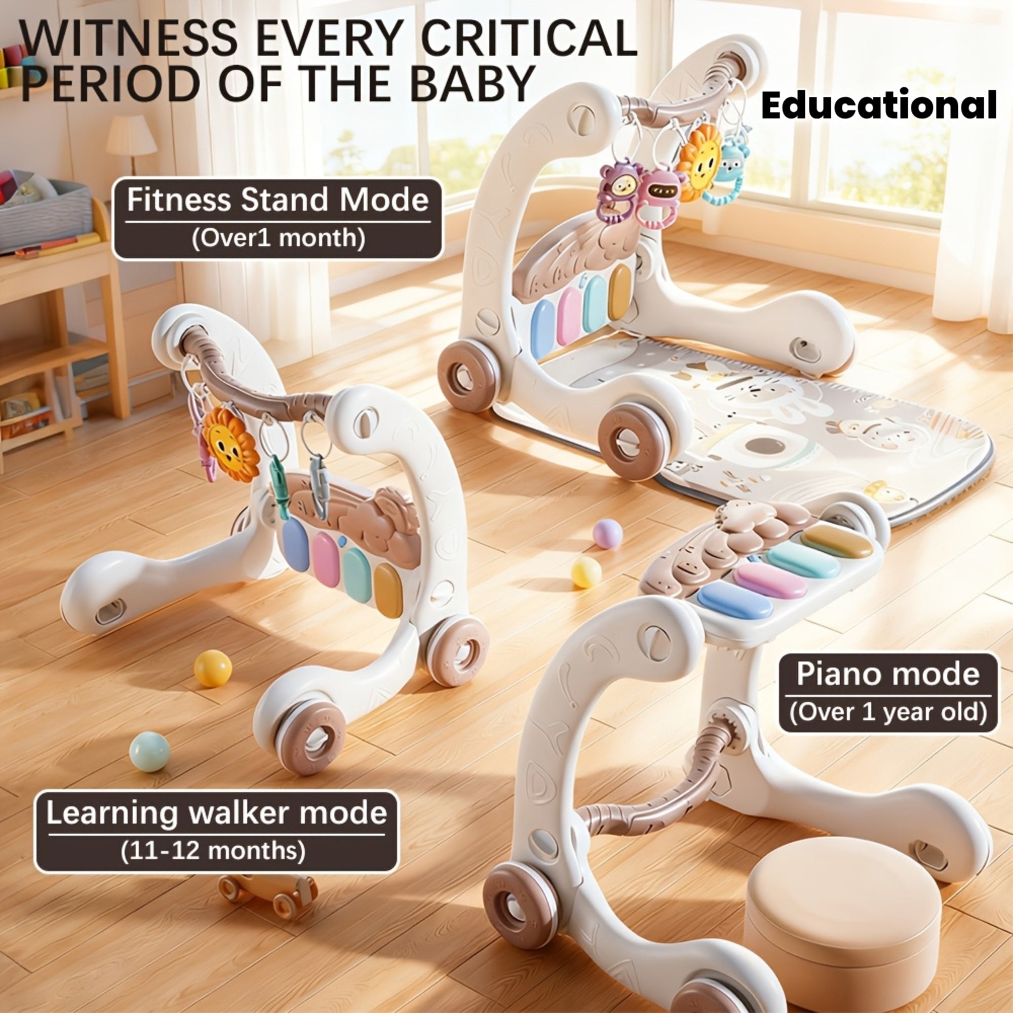 3-in-1 Animal Astronaut Walker+Piano Gym | Interactive Sensory Play Mat with Light & Music, 5 Sensory Toys, Powered-No Battery Included, Soft Cushioned, Blue\u002FPink\u002FGrey, Ideal for Toddler Tummy Time Educational Gift