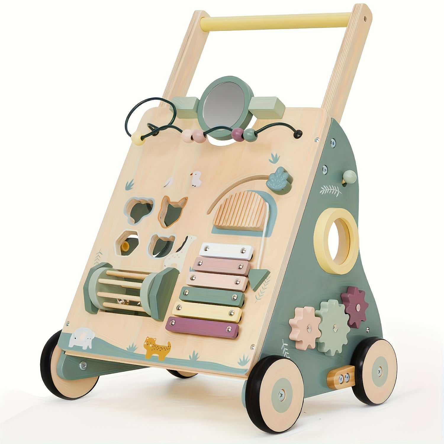 8-in-1 Wooden Baby Walker | Green Wood with Rubberized Wheels and Activity , Non-Slip Design for Safe Movement