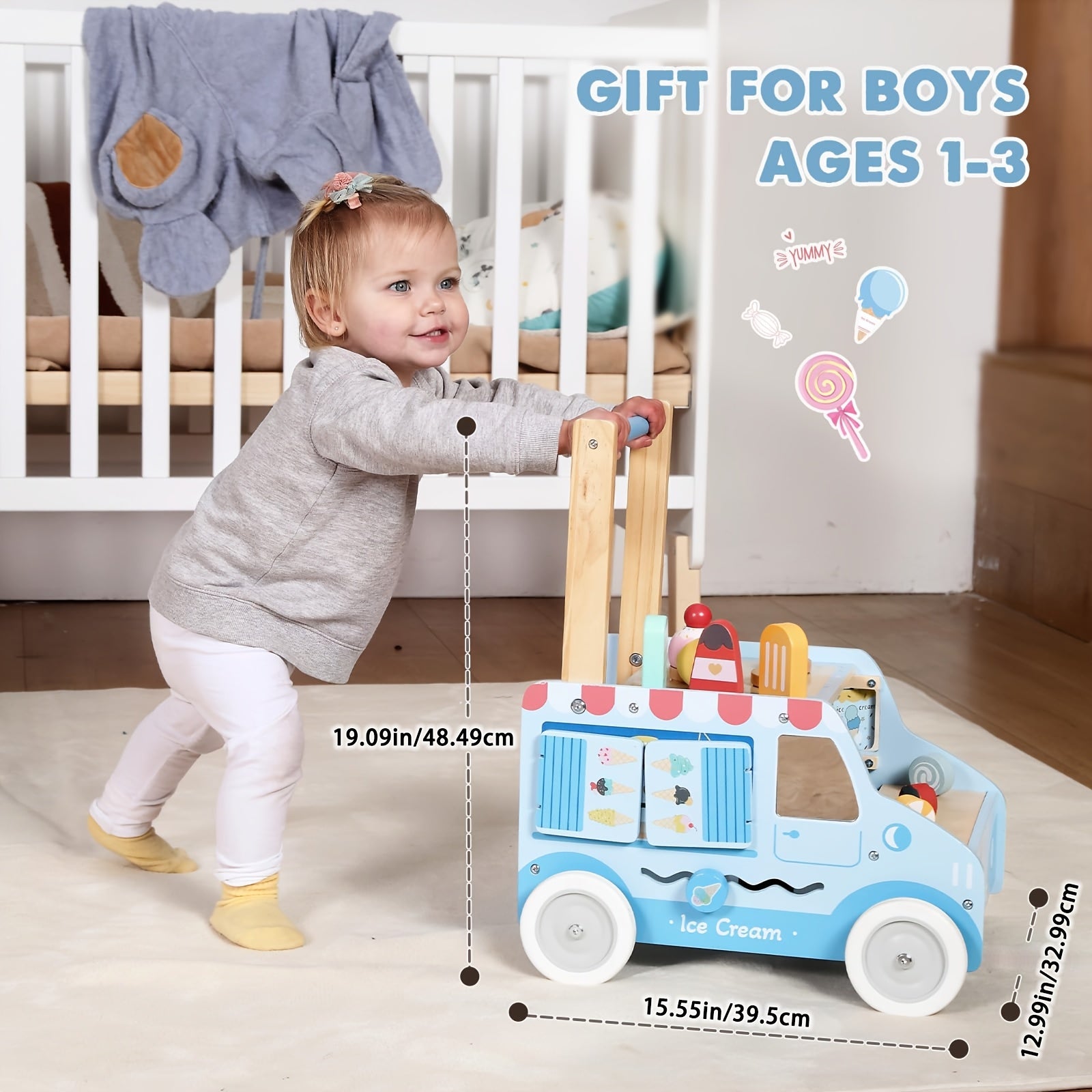 Adjustable Speed -Parked Wooden Baby Walker Suitable for Boys & Girls - Push-Behind Activity Walker with Wheels, Multifunctional Learning Walker for Ages 1-3, Ideal Birthday Gift (Parking Brake)