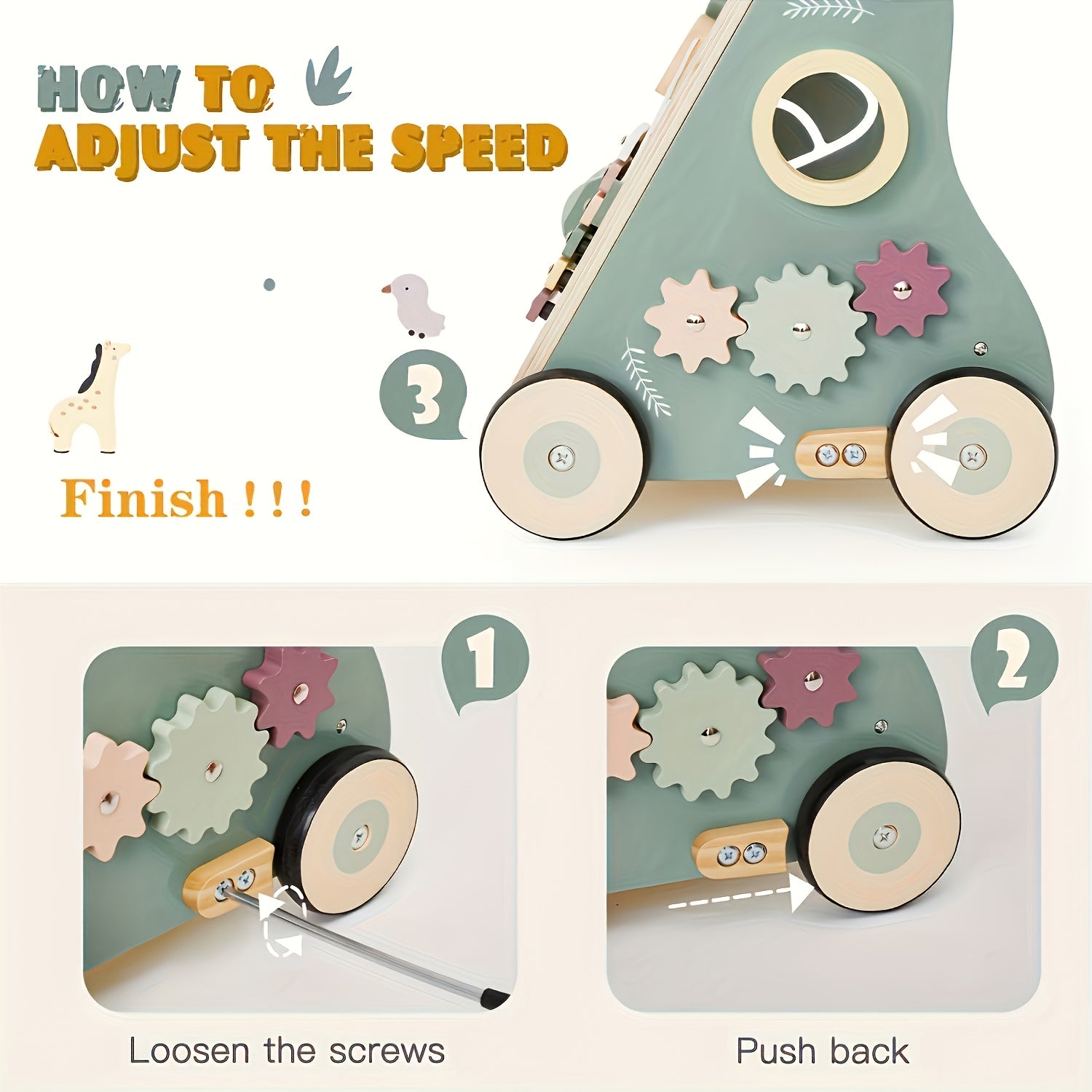 8-in-1 Wooden Baby Walker | Green Wood with Rubberized Wheels and Activity , Non-Slip Design for Safe Movement