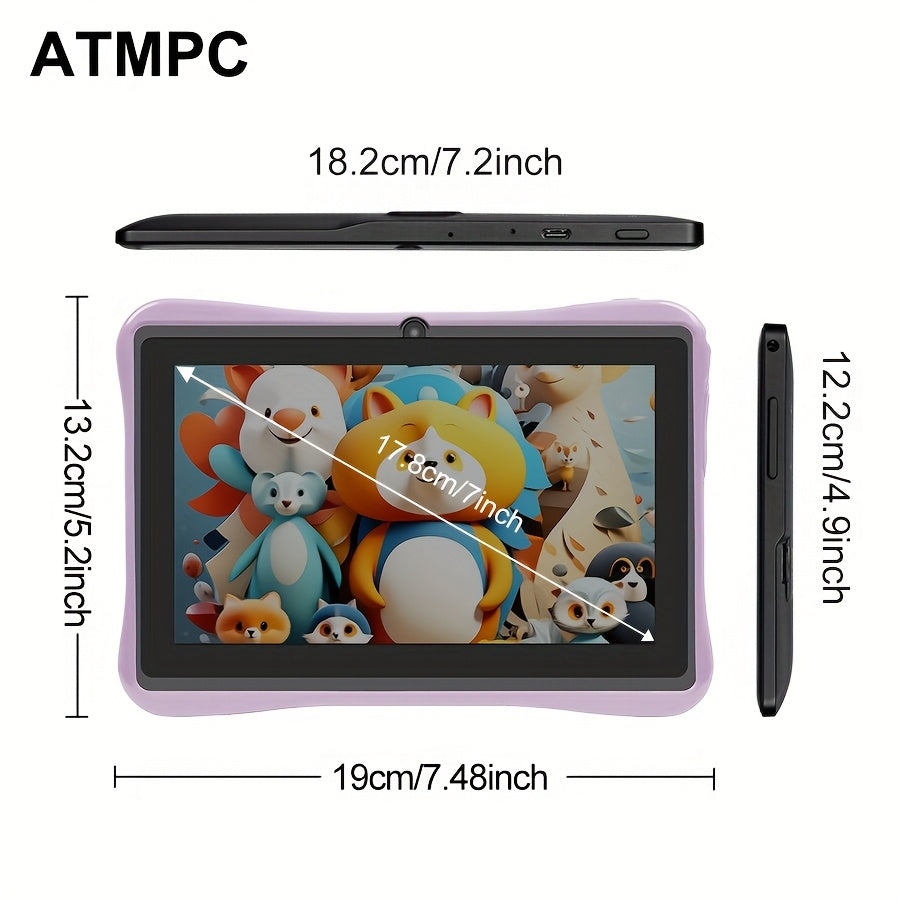ATMPC Android 14 7-Inch Kids Tablet with Quad-Core Processor, 4GB RAM (2GB + 2GB Expandable), 32GB Storage, IPS HD Display, 3500Mah Battery, Parental Controls, Educational Applications, Dual Cameras, 2.4G Wi-Fi 6, Shockproof Case, Tablet, Pad