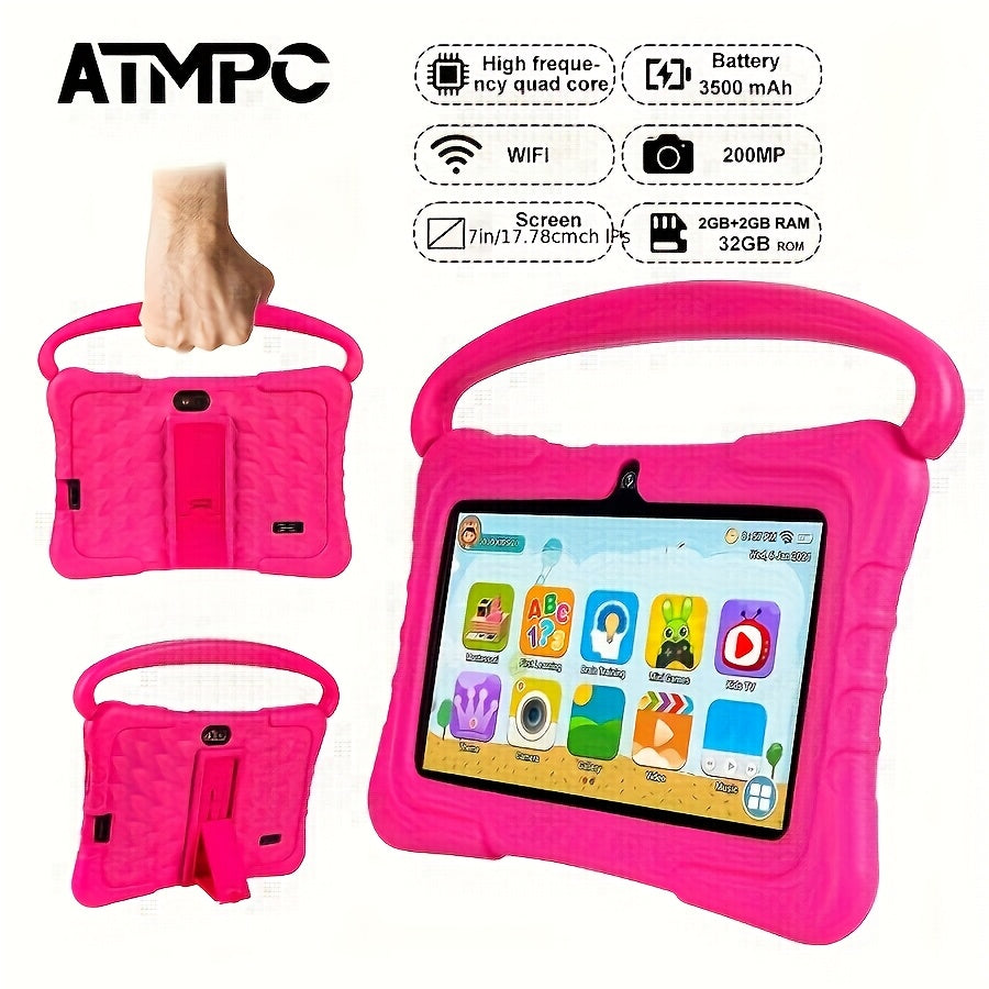 ATMPC 7-inch Android 14 Children Tablet Quad-Core, High Configuration 4GB RAM (2GB+2GB Expandable) + 32GB Storage 3500mAh Battery IPS HD Screen Parental Controls Educational Apps Dual Cameras 2.4G Wi-Fi 6 Shockproof Case 2025 Major Upgrade Tablet Tab