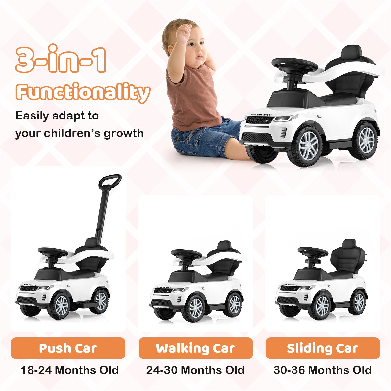 3-in-1 Ride on Push Car, Toddlers Foot-to-Floor Toy with Detachable Guardrail & Handle, Underneath Storage, & Starting Sound, Discovery Stroller Sliding Walking Car for Kids 18-36 Months Old,  Kids Walking Aid, Convertible Rideon, Childfriendly