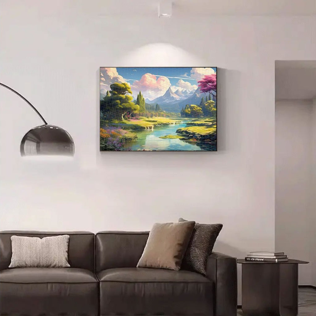 A Jigsaw Puzzle for with 1000pcs Featuring a Blue Sky, White Clouds, Snow-Covered Mountains, Rivers, Green And Pink Trees, Along with Flowers And Grass. Ideal for Educational Purposes, Leisure Activities, Lovers, And As Gifts for Halloween