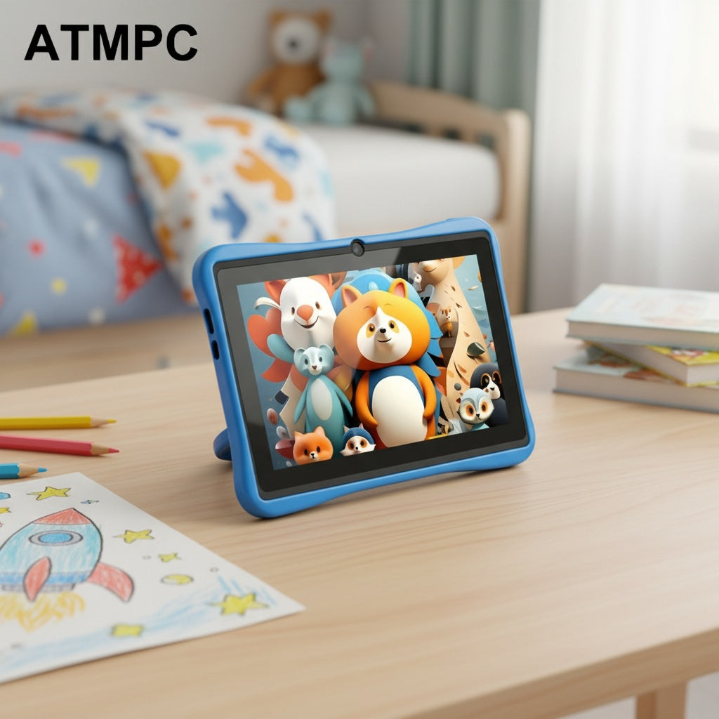 ATMPC Android 14 7-Inch Kids Tablet with Quad-Core Processor, 4GB RAM (2GB + 2GB Expandable), 32GB Storage, IPS HD Display, 3500Mah Battery, Parental Controls, Educational Applications, Dual Cameras, 2.4G Wi-Fi 6, Shockproof Case, Tablet, Pad