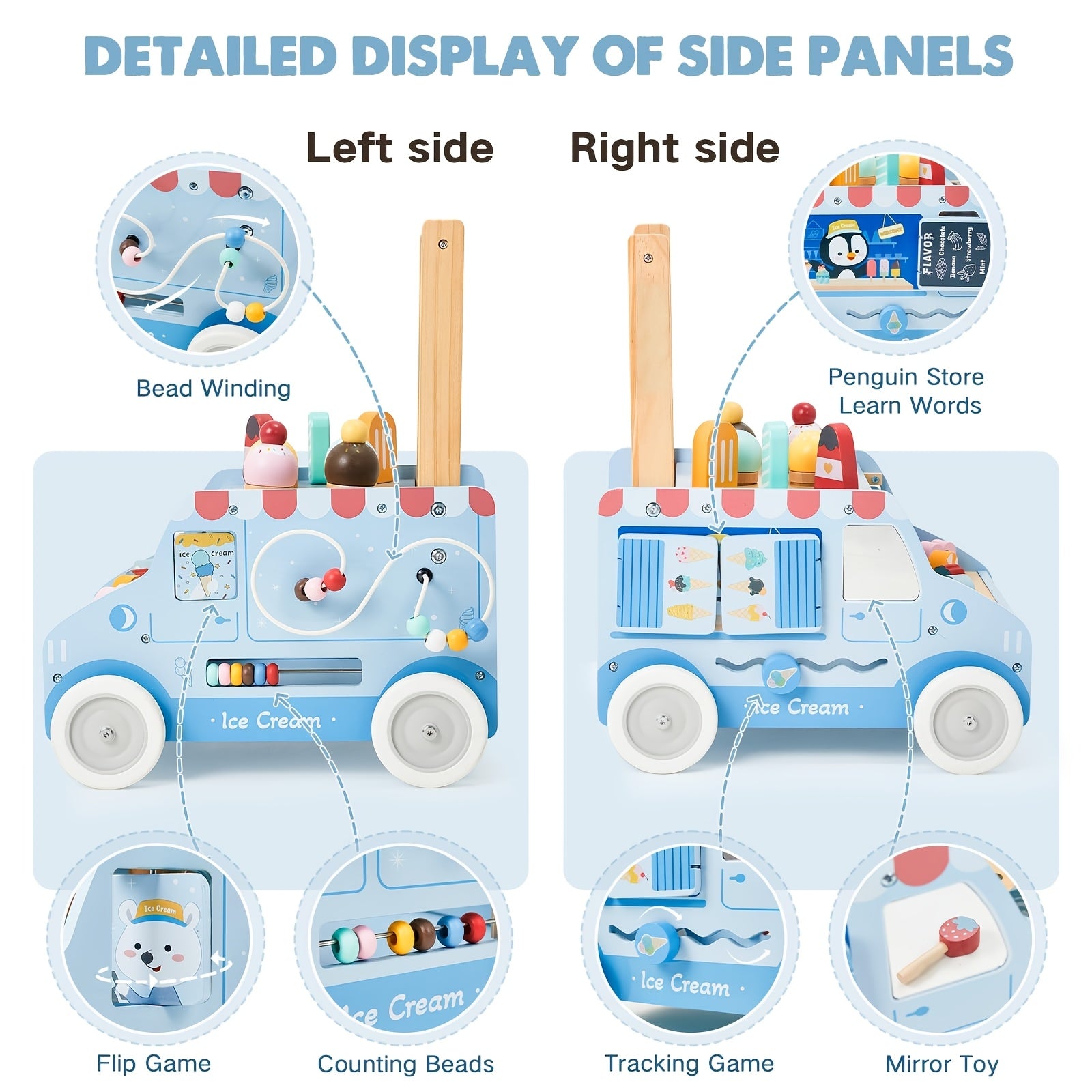 Adjustable Speed -Parked Wooden Baby Walker Suitable for Boys & Girls - Push-Behind Activity Walker with Wheels, Multifunctional Learning Walker for Ages 1-3, Ideal Birthday Gift (Parking Brake)
