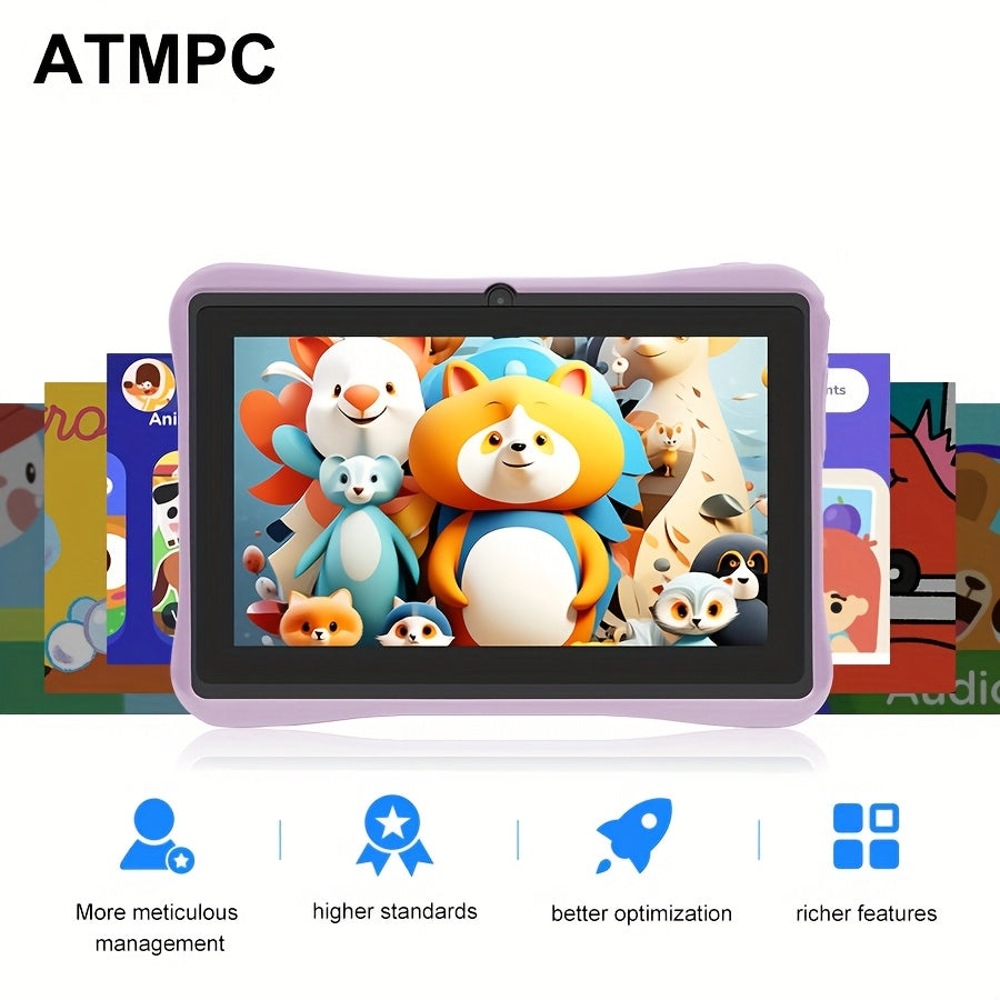 ATMPC Android 14 7-Inch Kids Tablet with Quad-Core Processor, 4GB RAM (2GB + 2GB Expandable), 32GB Storage, IPS HD Display, 3500Mah Battery, Parental Controls, Educational Applications, Dual Cameras, 2.4G Wi-Fi 6, Shockproof Case, Tablet, Pad
