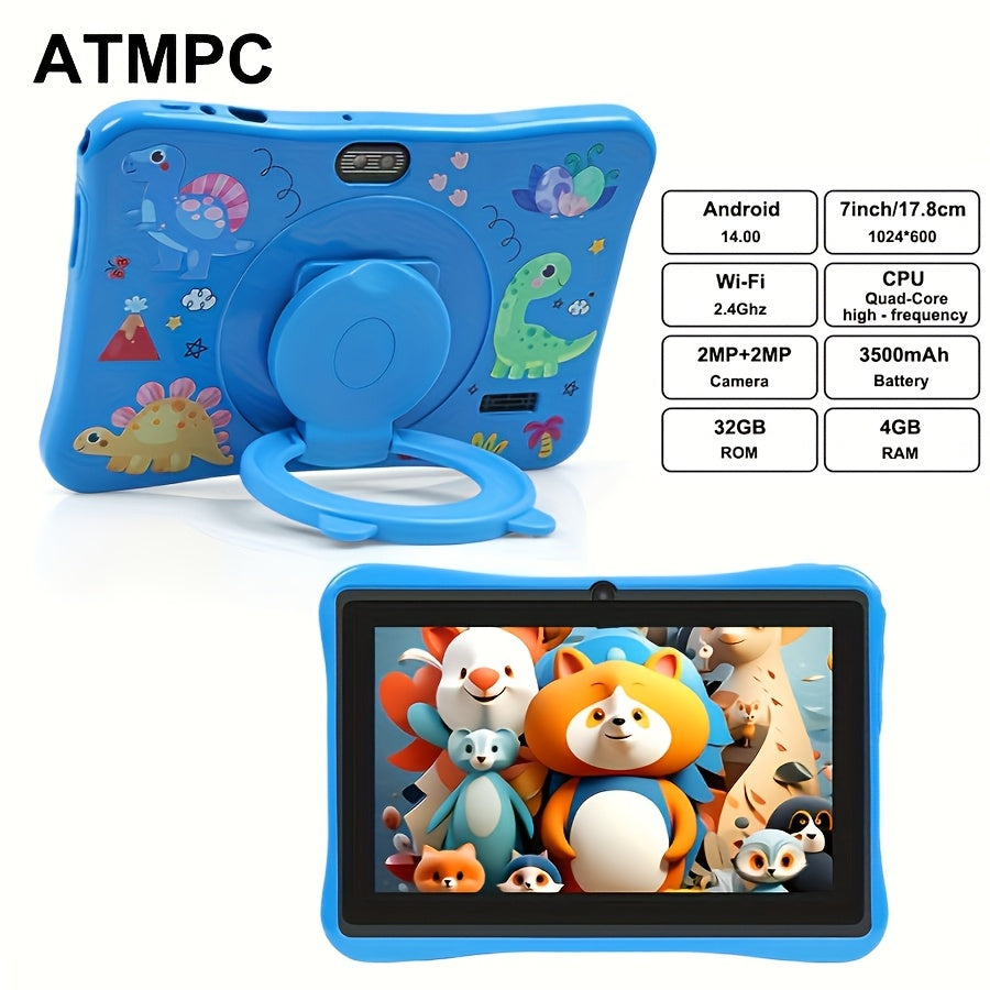 ATMPC Android 14 7-Inch Kids Tablet with Quad-Core Processor, 4GB RAM (2GB + 2GB Expandable), 32GB Storage, IPS HD Display, 3500Mah Battery, Parental Controls, Educational Applications, Dual Cameras, 2.4G Wi-Fi 6, Shockproof Case, Tablet, Pad
