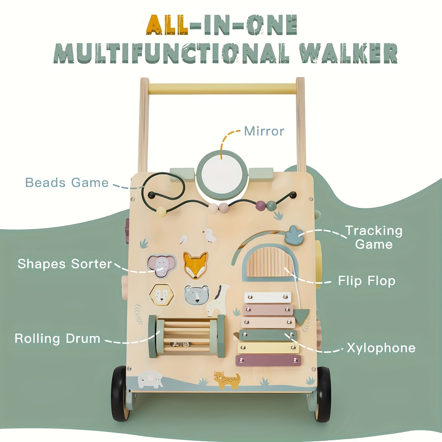 8-in-1 Wooden Baby Walker | Green Wood with Rubberized Wheels and Activity , Non-Slip Design for Safe Movement