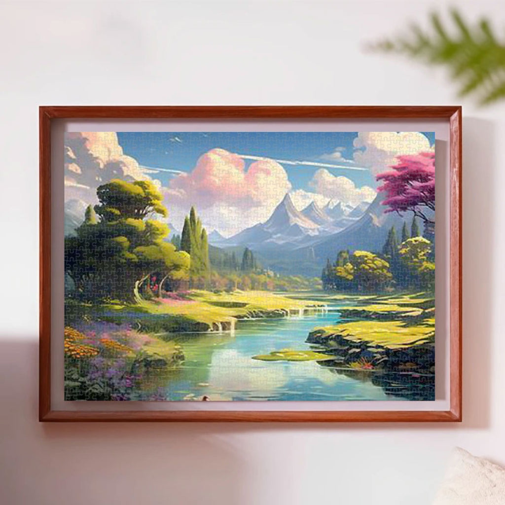 A Jigsaw Puzzle for with 1000pcs Featuring a Blue Sky, White Clouds, Snow-Covered Mountains, Rivers, Green And Pink Trees, Along with Flowers And Grass. Ideal for Educational Purposes, Leisure Activities, Lovers, And As Gifts for Halloween