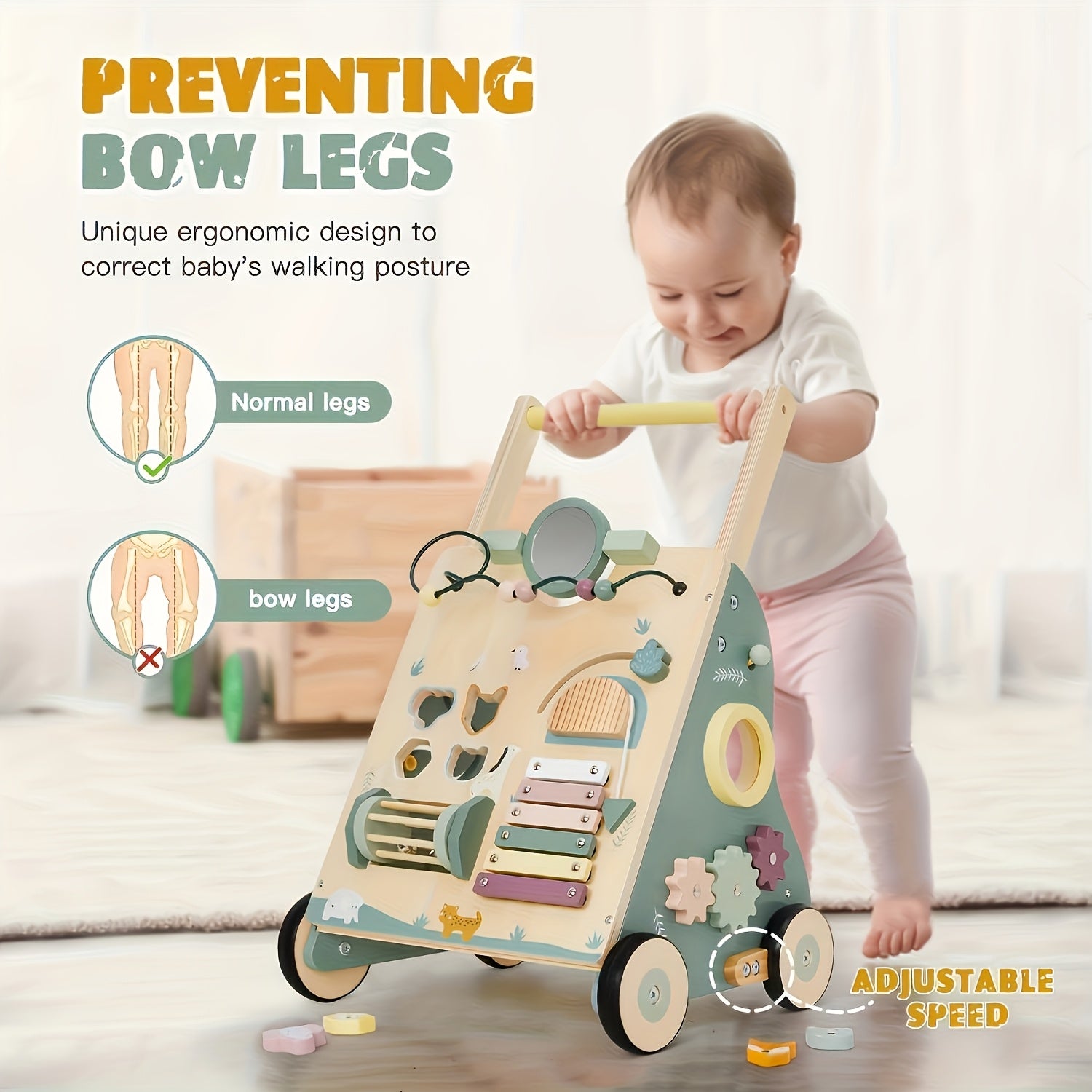 8-in-1 Wooden Baby Walker | Green Wood with Rubberized Wheels and Activity , Non-Slip Design for Safe Movement