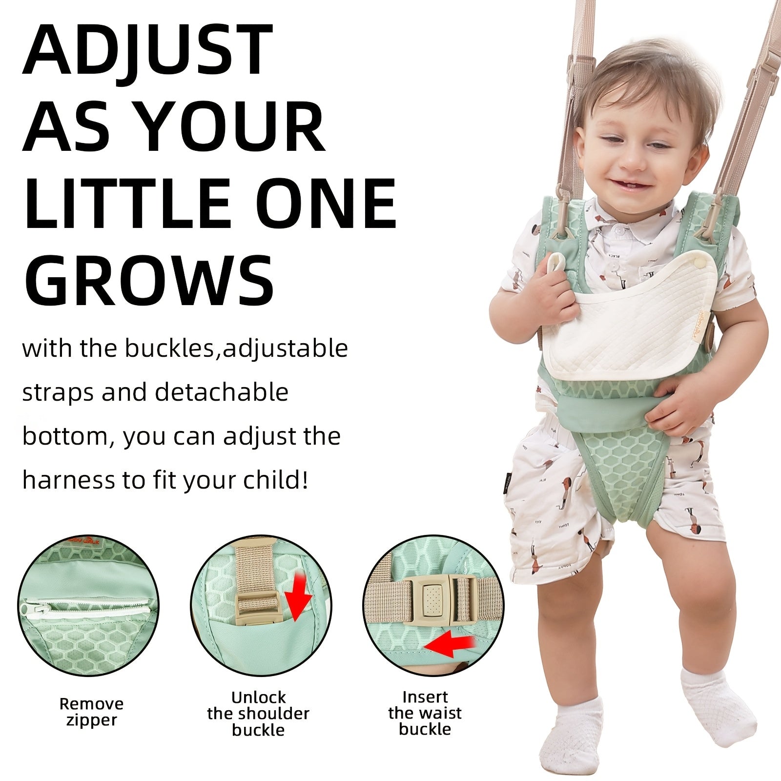 One Upgraded Baby Walker Featuring an Adjustable Breathable Design And Reinforced Crotch Support. The Crotch Piece Can Be Removed for Use As Both a Walker And a Baby Carrier. Ideal for Both Indoor And Outdoor Activities