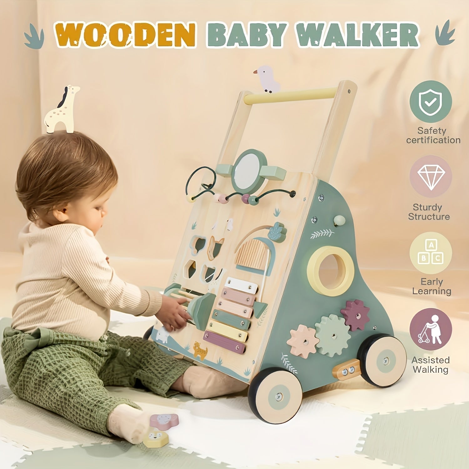 8-in-1 Wooden Baby Walker | Green Wood with Rubberized Wheels and Activity , Non-Slip Design for Safe Movement