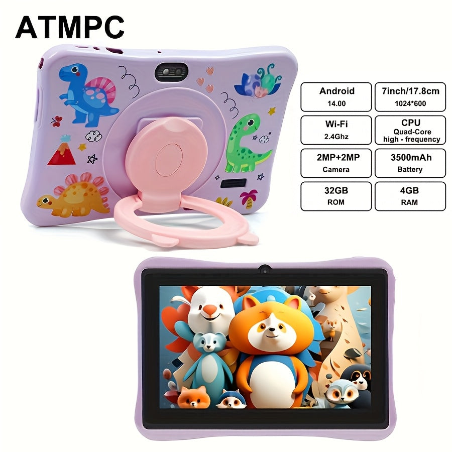 ATMPC Android 14 7-Inch Kids Tablet with Quad-Core Processor, 4GB RAM (2GB + 2GB Expandable), 32GB Storage, IPS HD Display, 3500Mah Battery, Parental Controls, Educational Applications, Dual Cameras, 2.4G Wi-Fi 6, Shockproof Case, Tablet, Pad