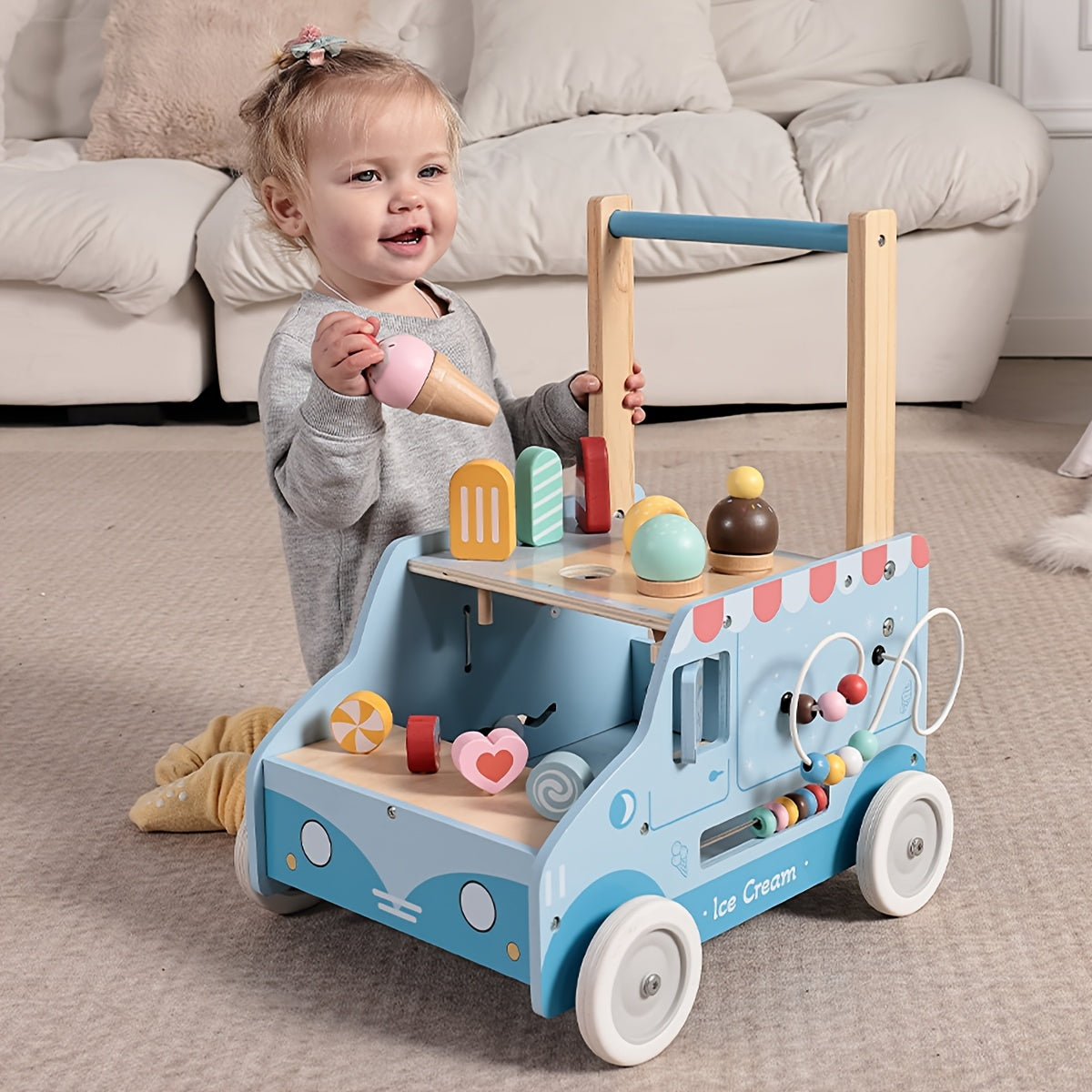 Adjustable Speed -Parked Wooden Baby Walker Suitable for Boys & Girls - Push-Behind Activity Walker with Wheels, Multifunctional Learning Walker for Ages 1-3, Ideal Birthday Gift (Parking Brake)