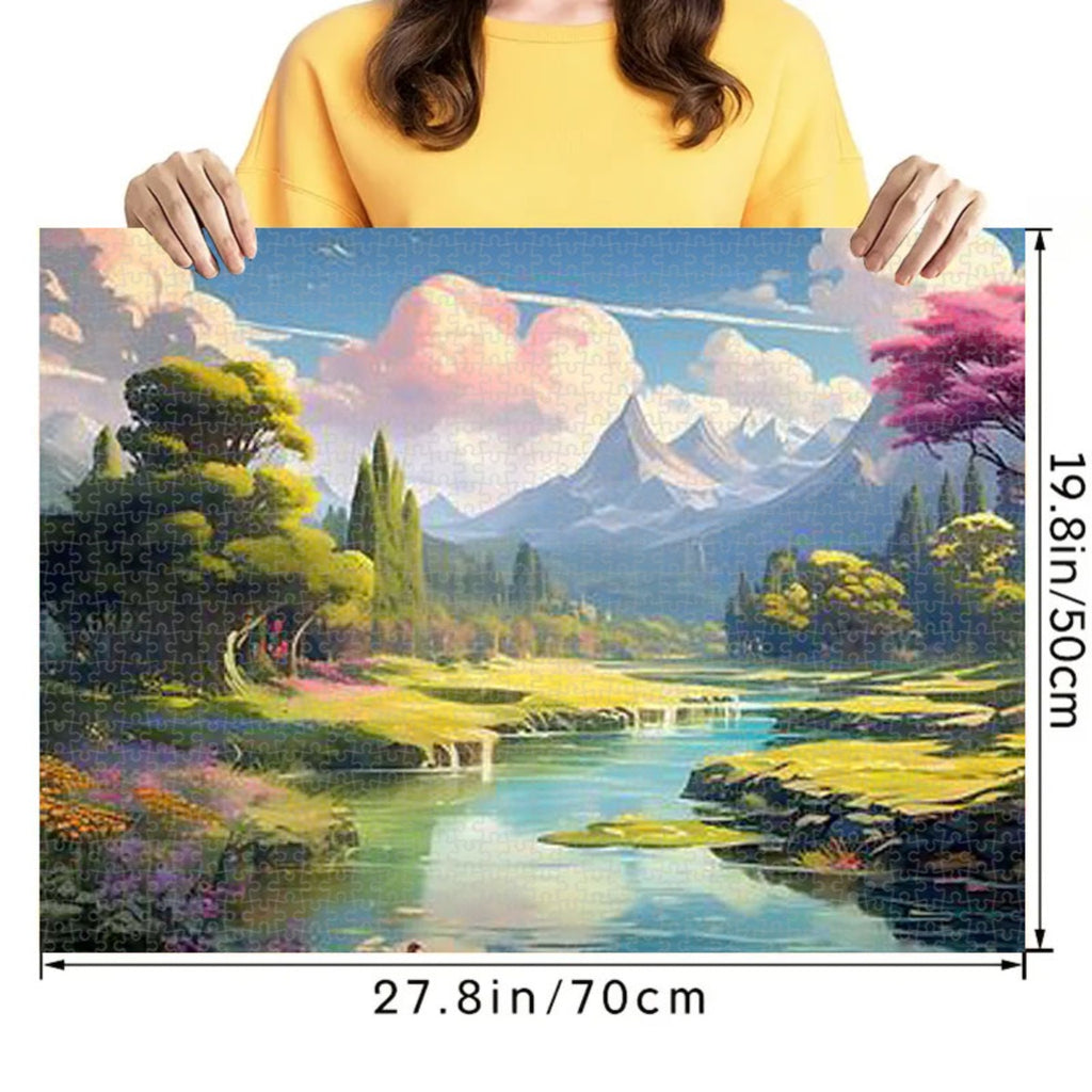 A Jigsaw Puzzle for with 1000pcs Featuring a Blue Sky, White Clouds, Snow-Covered Mountains, Rivers, Green And Pink Trees, Along with Flowers And Grass. Ideal for Educational Purposes, Leisure Activities, Lovers, And As Gifts for Halloween